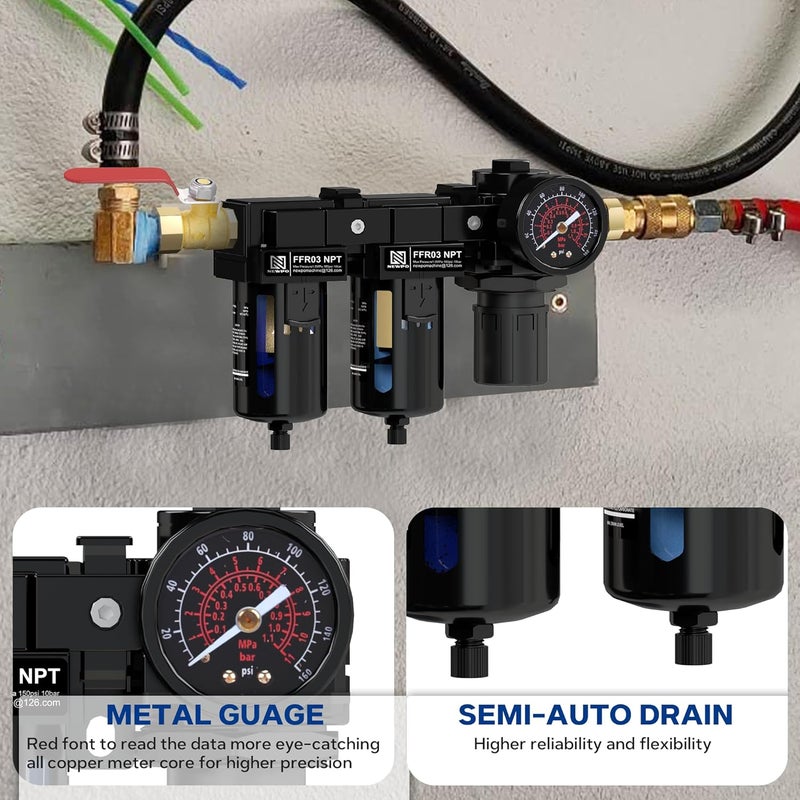 NEWPO 3/8'' NPT Air Drying System,Double Brass Filter Compressed Air Regulator,Air Pressure Regulator Combo 5&5 Micron Filter Cartridge,Semi-Auto Drain - Image 5